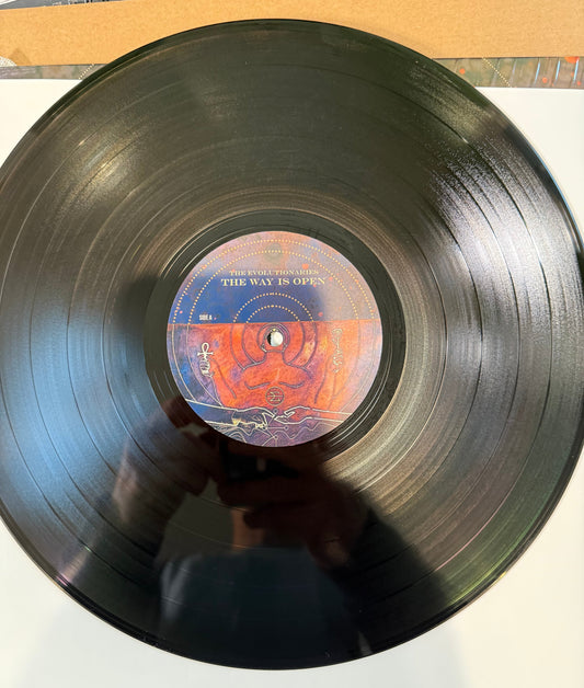 Vinyl record with a label on a white surface